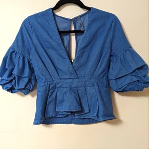 ETA puff sleeve, deep v neck jean top